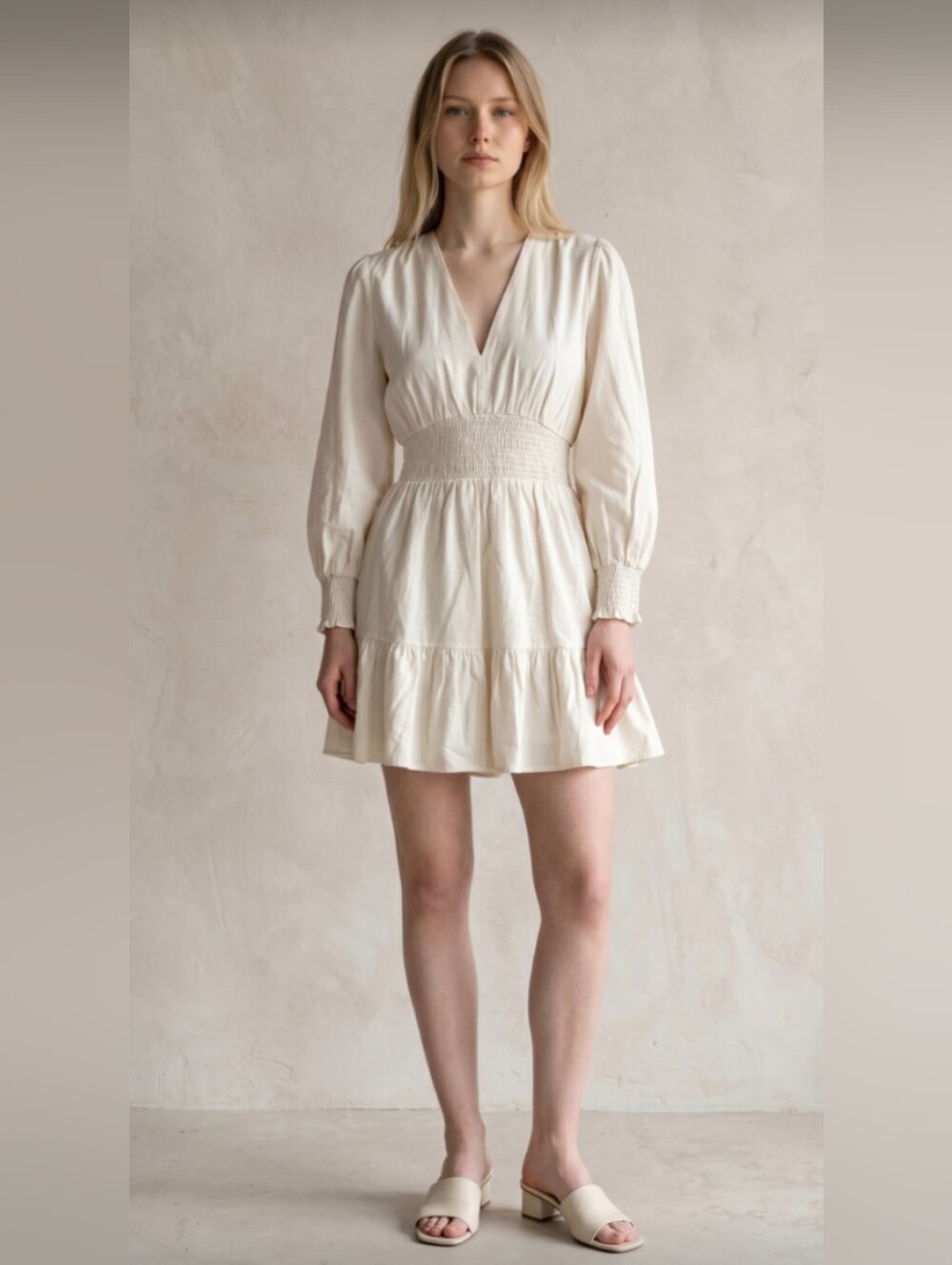 NWT! ZARA! LINEN BLEND! CREAM RUCHED WAIST, POUF SLEEVE, RUFFLED DRESS! SZ S